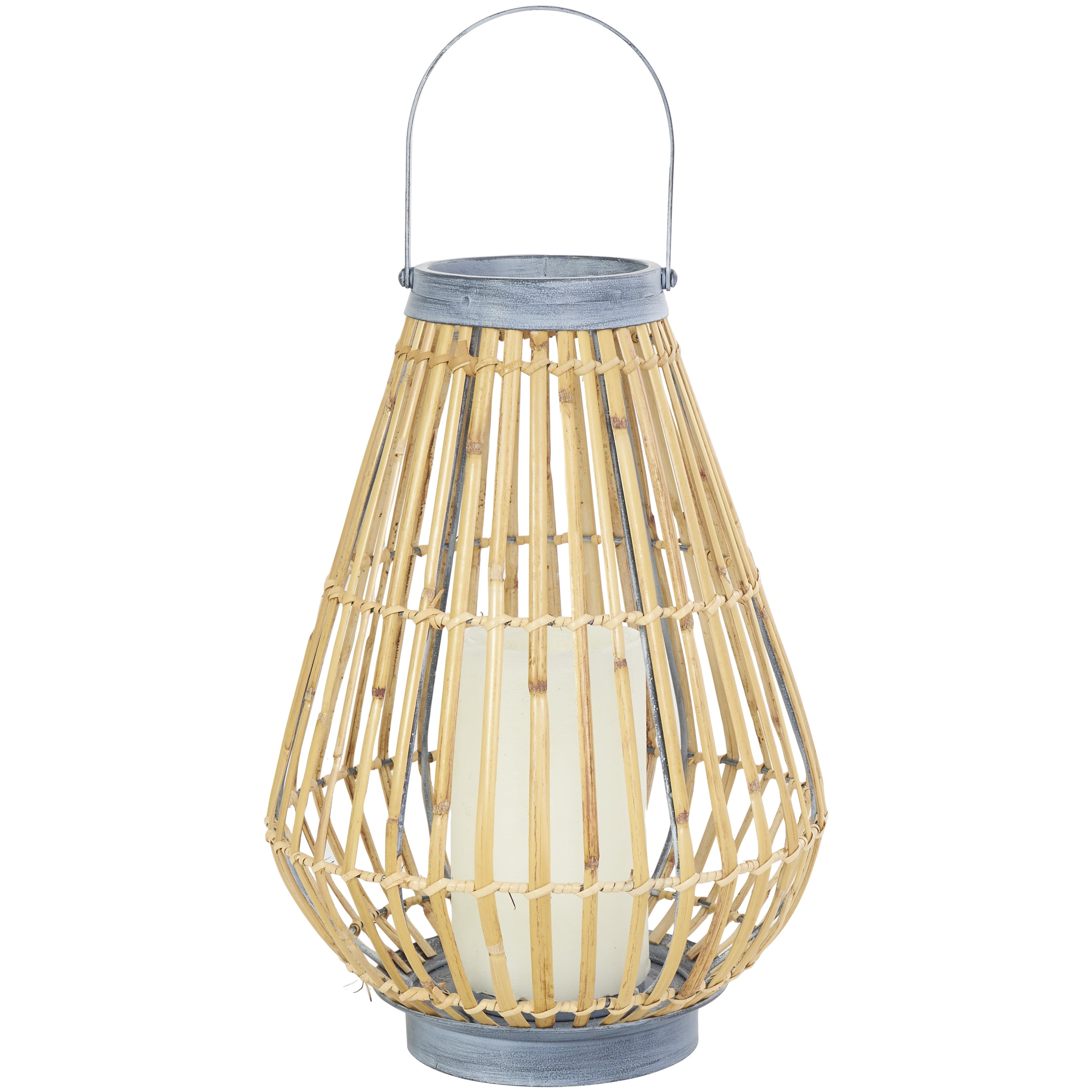 DecMode Brown Bamboo Handmade Open Framed Candle Lantern with Blue Metal Accents and Handle