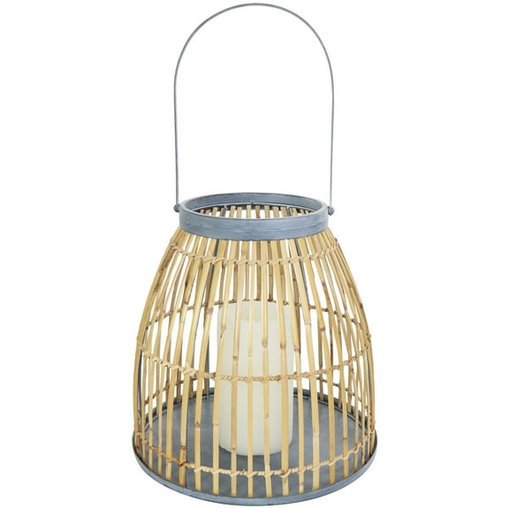 DecMode Brown Bamboo Handmade Woven Open Framed Caged Style Candle Lantern with Blue Metal Accents and Handle