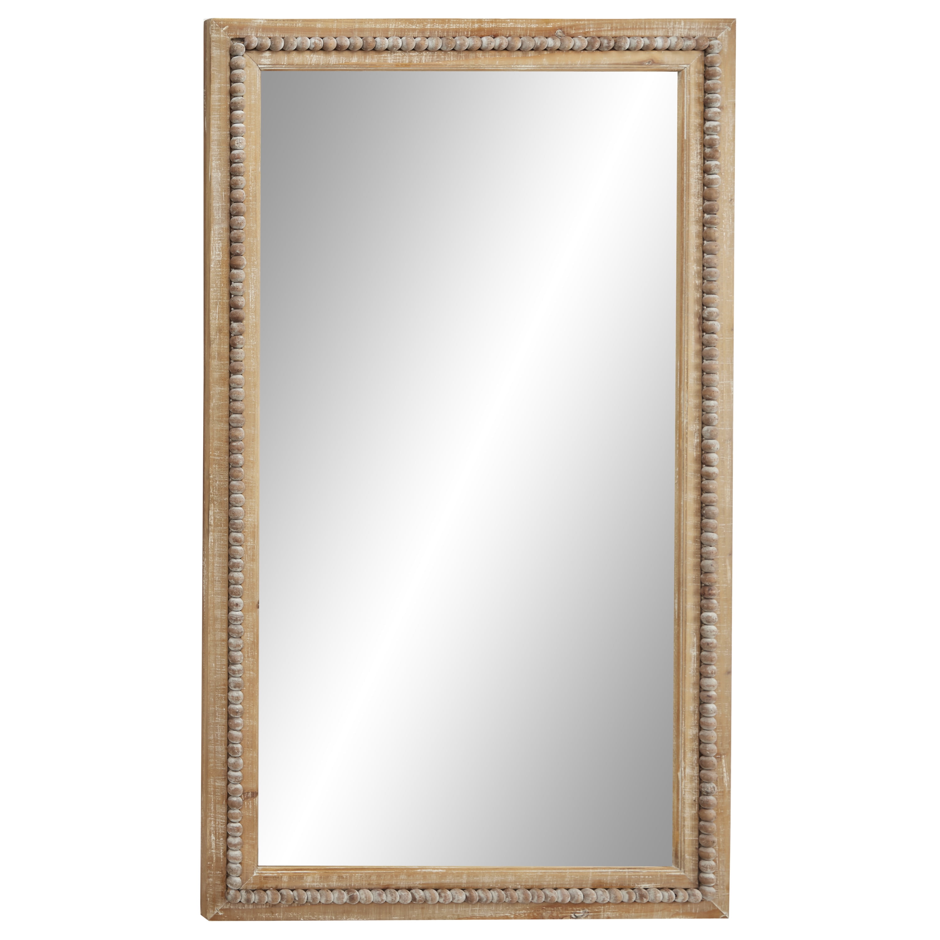 Light Brown Bohemian Wood Rectangular Wall Mirror with Beaded Detail