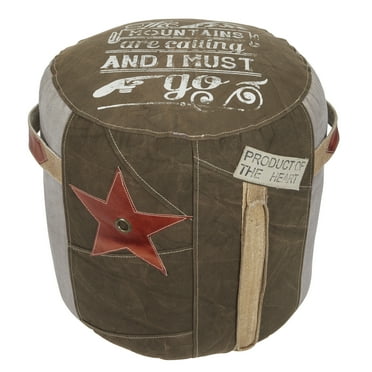 DecMode Brown Canvas Pouf with Leather Accents