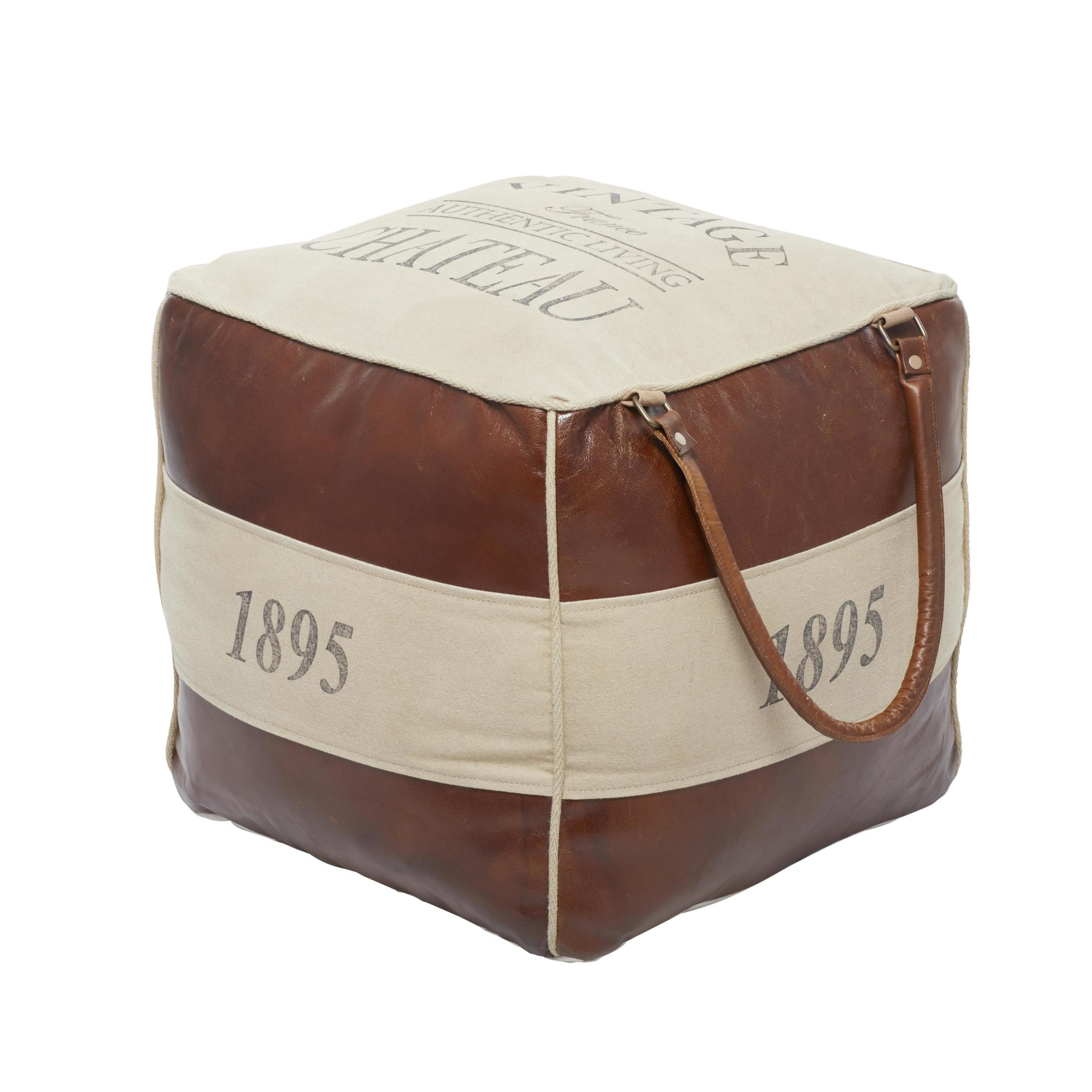 DecMode Stripes Brown Canvas Text Pouf with Leather Accents