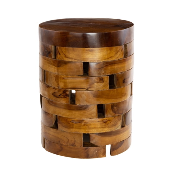 DecMode Brown Contemporary Round Stacked Brick Style Wood Accent Table, 14"W x 18"H