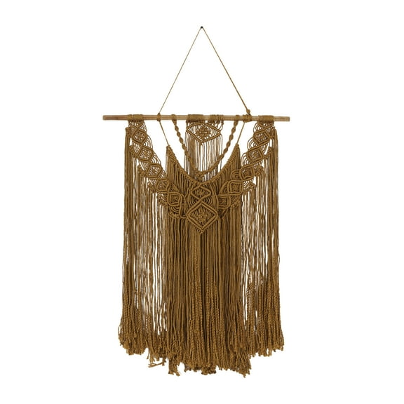 DecMode Brown Fabric Handmade Intricately Weaved Macrame Wall Decor with Beaded Fringe Tassels