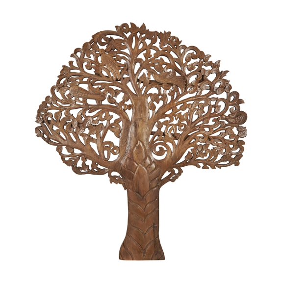 DecMode Brown Mango Wood Large Carved Tree Wall Decor with Scrollwork