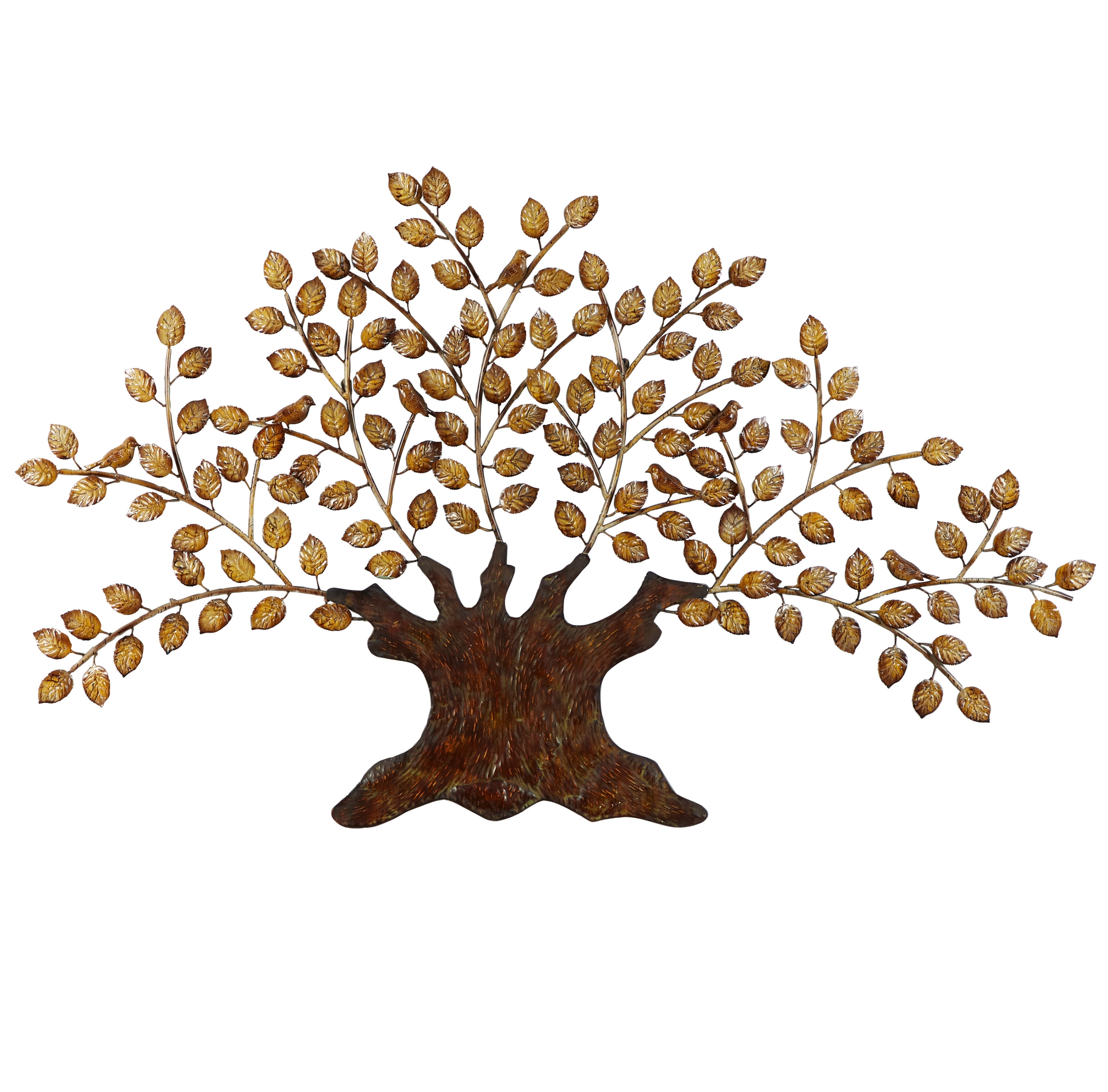 Large Brown and Gold Metal Tree Wall Sculpture with Leaves