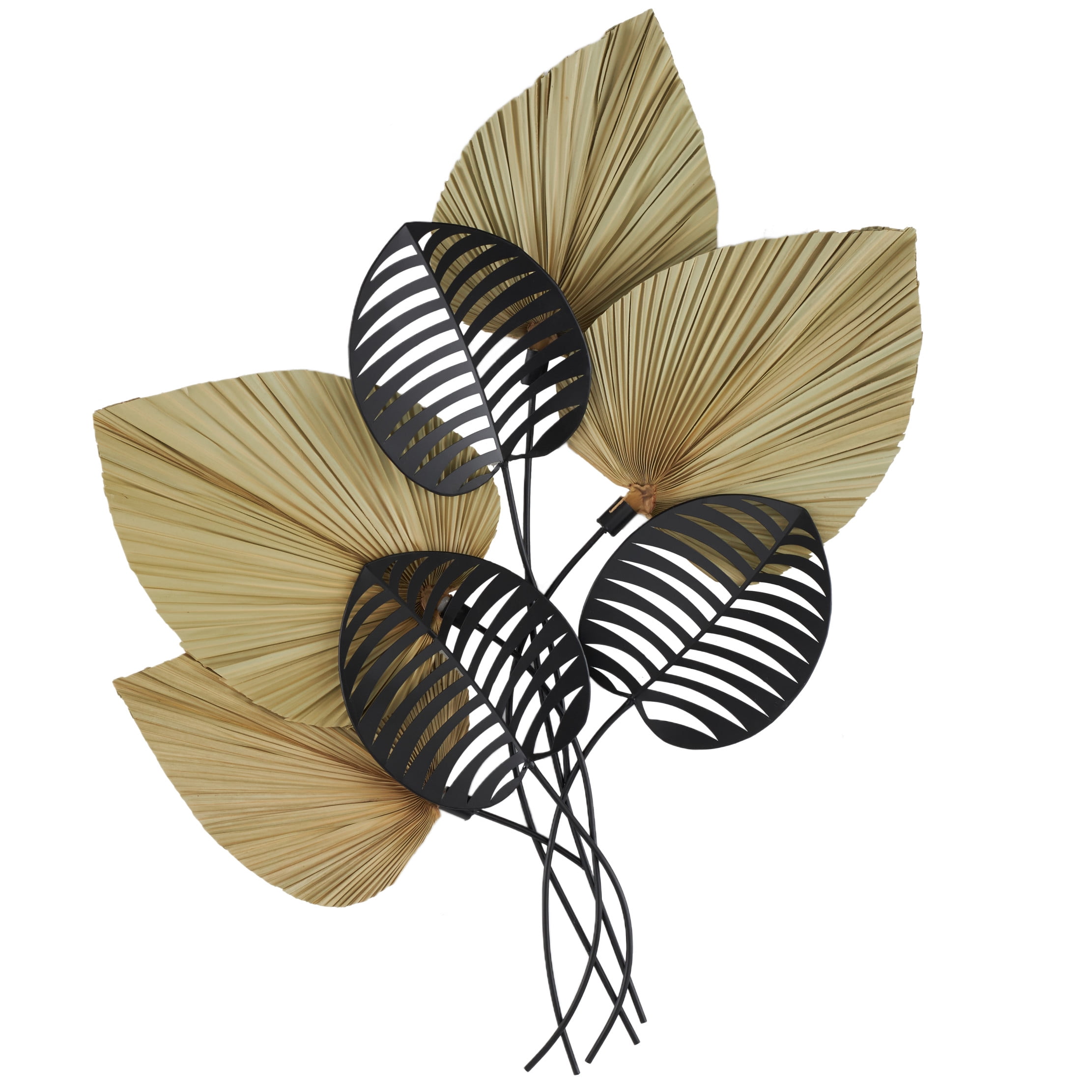 DecMode Brown Rattan Layered Leaf Palm Tree Wall Decor with Black Metal Cutout Leaf Accents