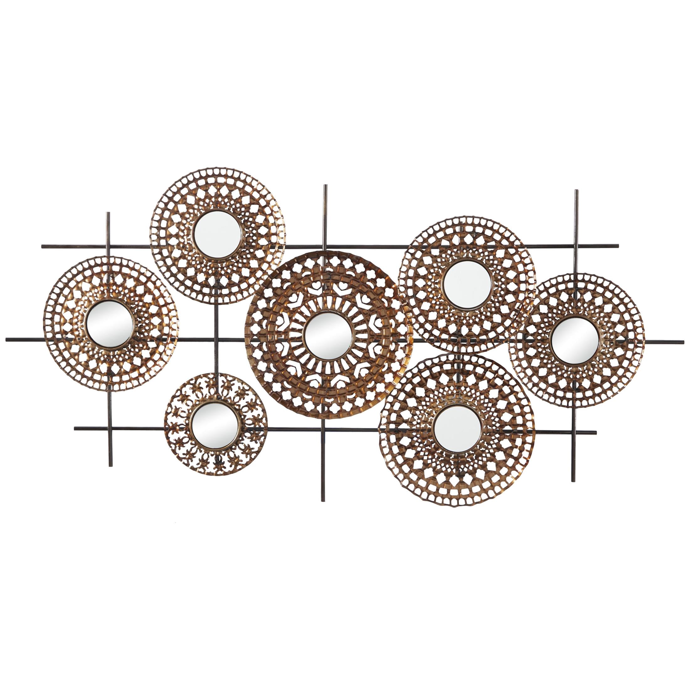 DecMode Bronze Metal Cutout Plate Wall Decor with Round Mirrored Accents and Black Rods