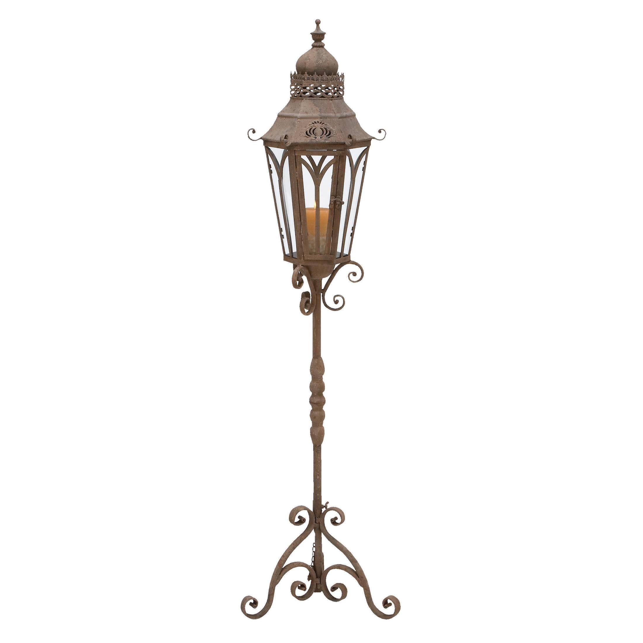 DecMode Brown Metal Scroll Weathered Antique Tall Standing Floor Candle Lantern