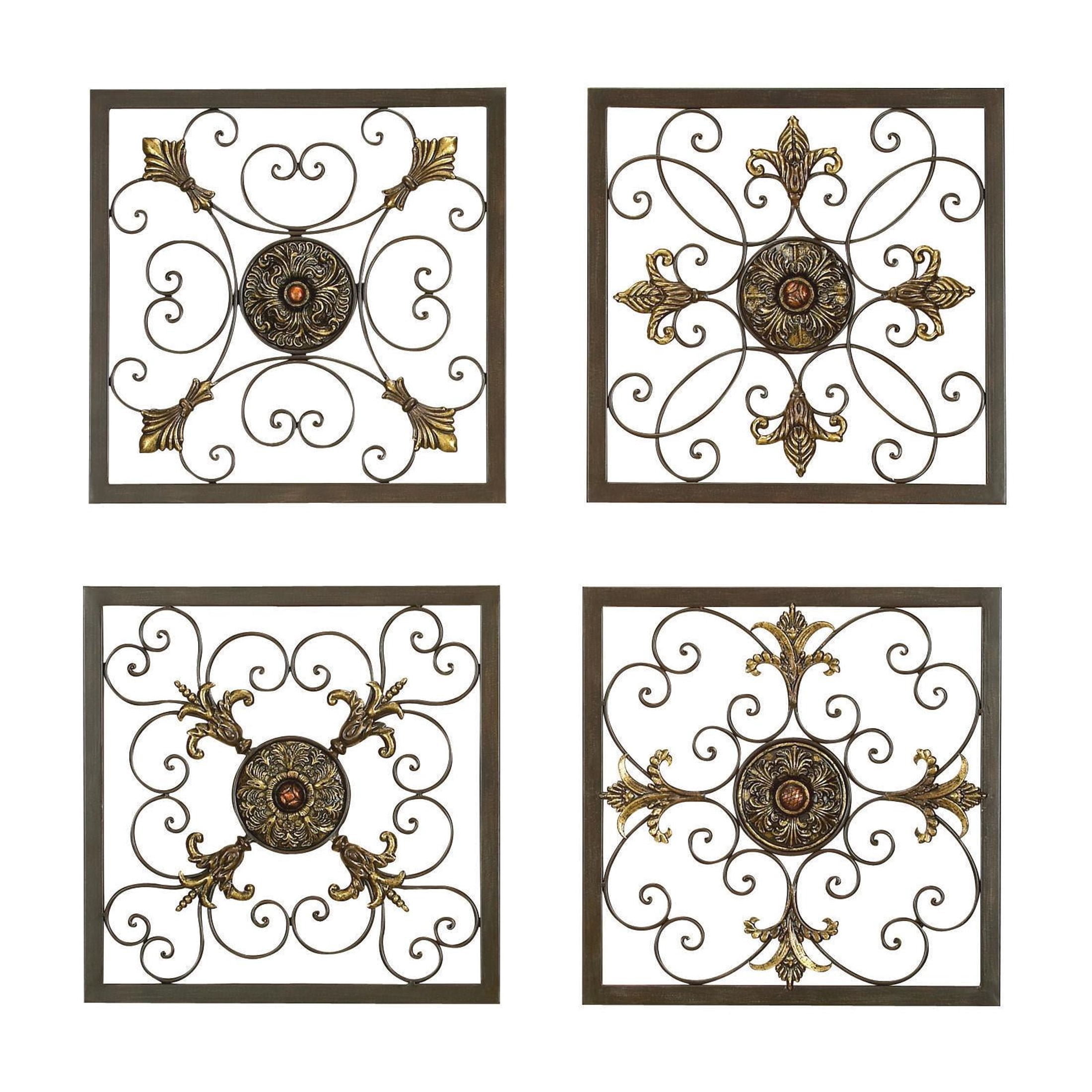 DecMode Brown Metal Wire Scroll Fleur De Lis Wall Decor with Gold Accents (4 Count)