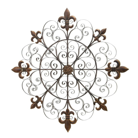 DecModeBrown Metal Fleur De Lis Medallion Home Wall Decor with Detailed Scrollwork, 42" x 1" x 42"