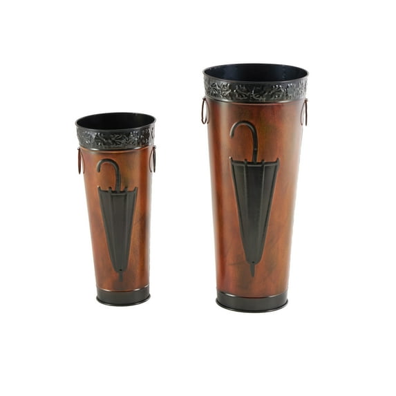 DecMode Brown Metal Umbrella Stand with Umbrella Image and Handles (Set of 2)