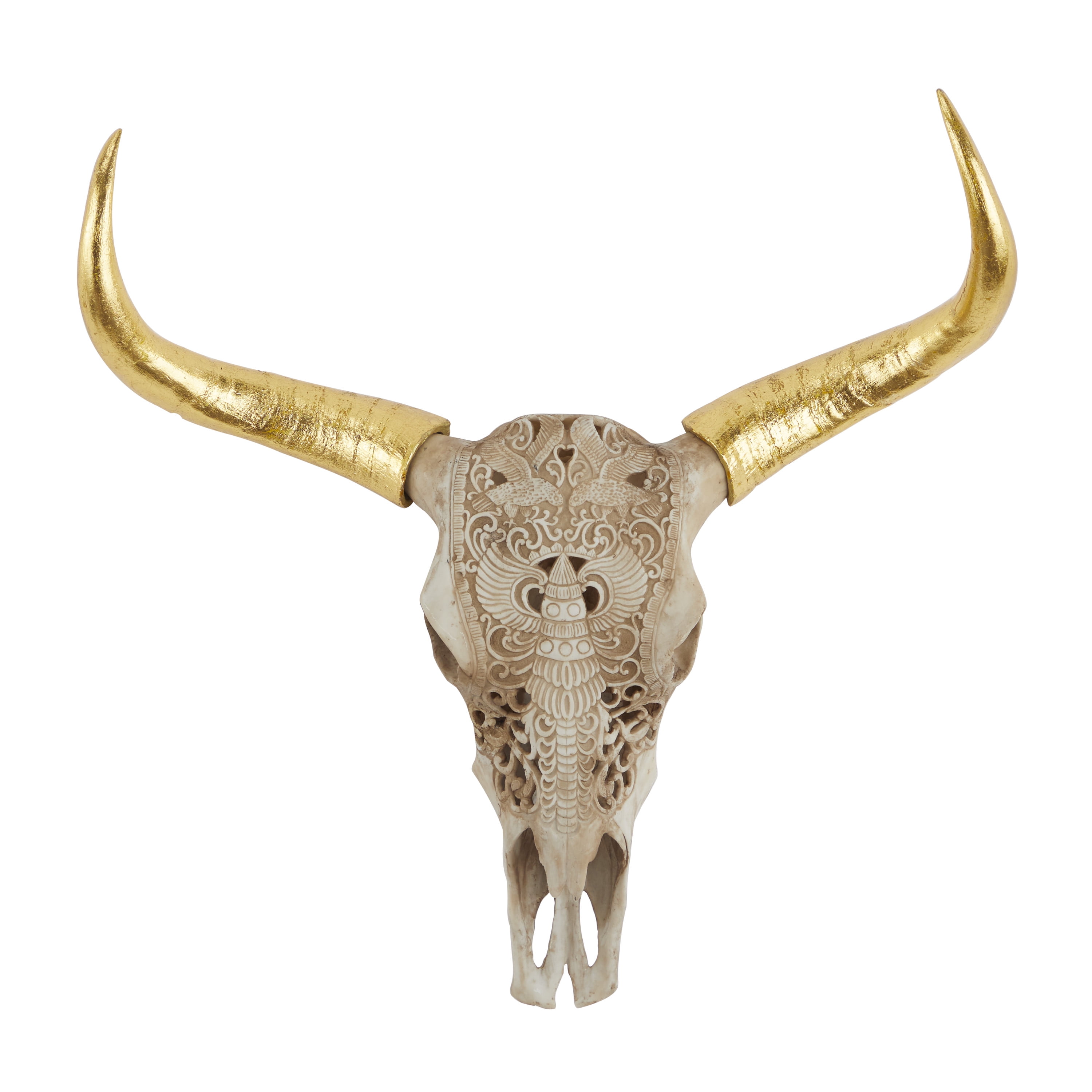DecMode Brown Polystone Carved Skull Cow Wall Decor