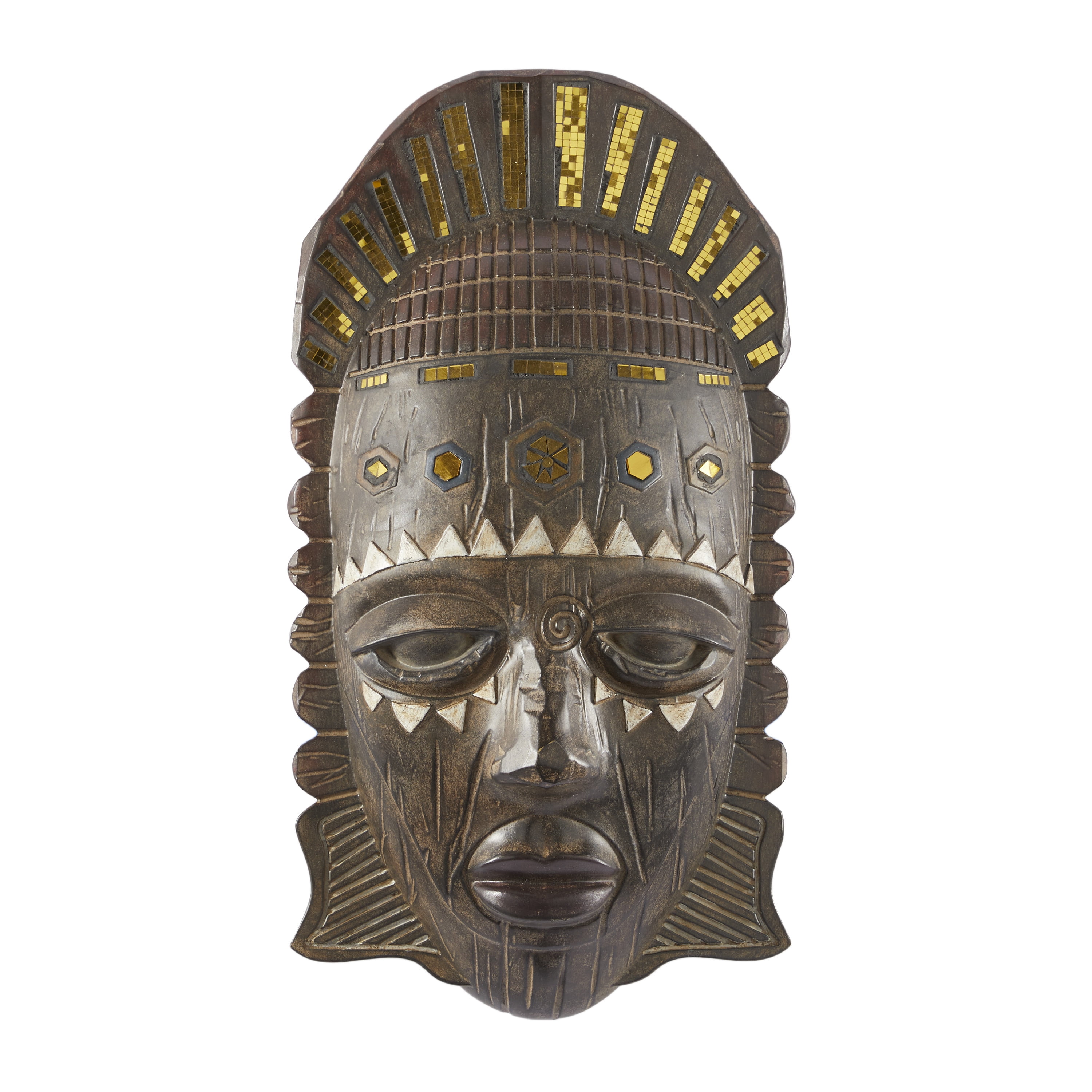 DecMode Brown Polystone Mask African Tribal Home Wall Decor with Cream and Navy Carvings and Mirrored Gold Accents, 11" x 20" x 6"