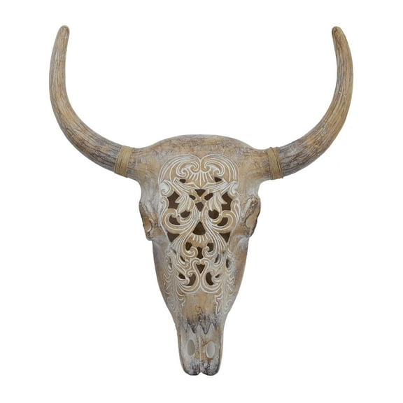 DecMode Brown Polyresin Skull Bull Wall Decor
