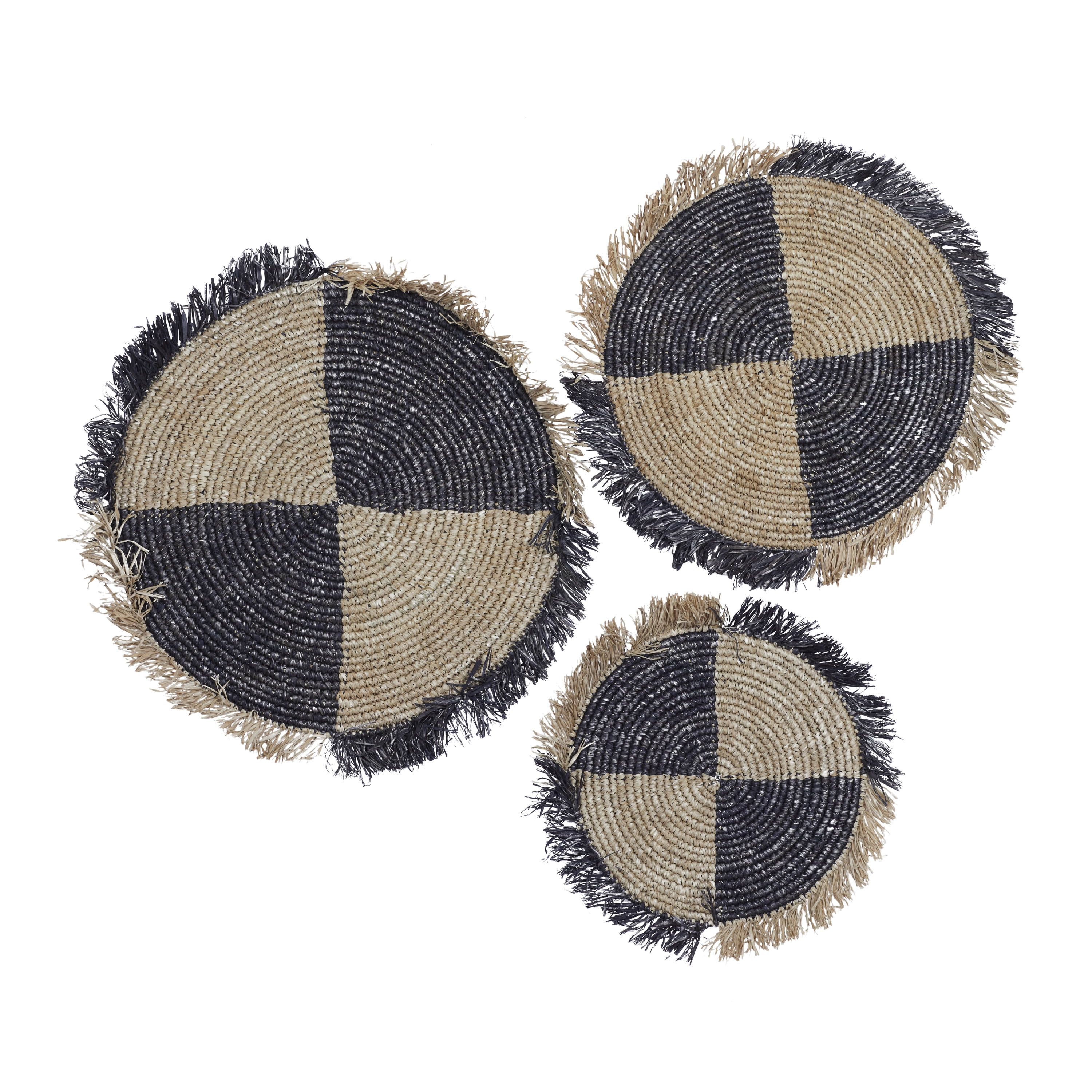 Boho Brown and Black Rattan Circular Wall Baskets, Set of 3