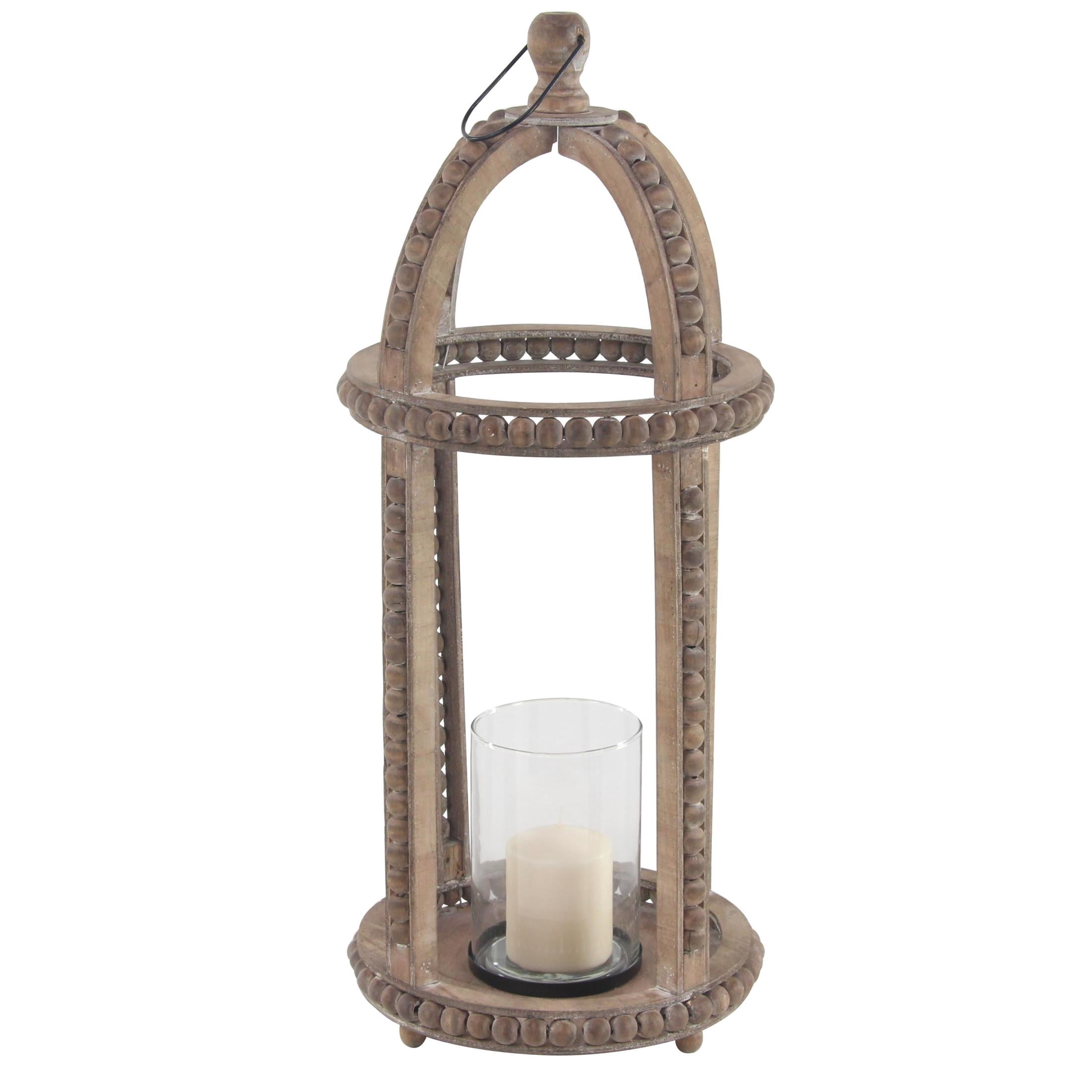 DecMode Brown Reclaimed Wood Beaded Decorative Candle Lantern