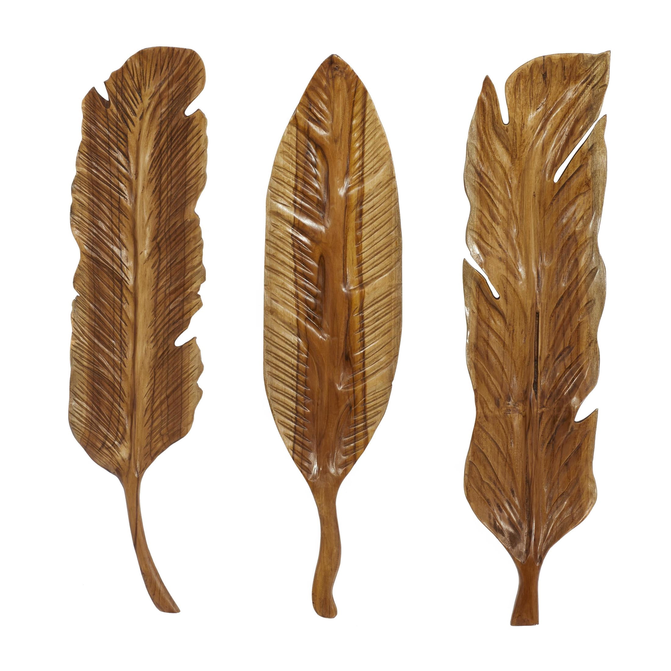 DecMode Brown Teak Wood Handmade Carved Feather Leaf Wall Decor (3 ...