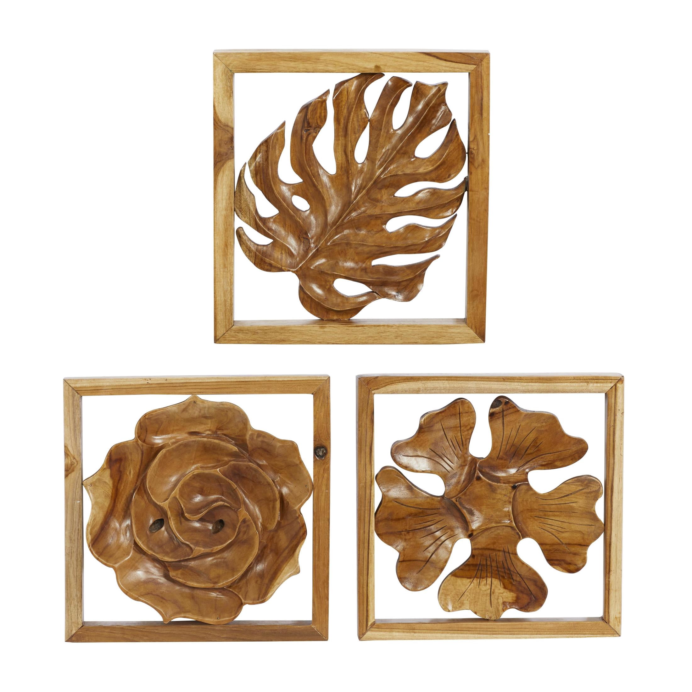 DecMode Brown Teak Wood Handmade Framed Carved Leaf and Floral Wall Decor (3 Count)