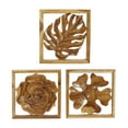thumbnail image 1 of DecMode Brown Teak Wood Handmade Framed Carved Leaf and Floral Wall Decor (3 Count), 1 of 7