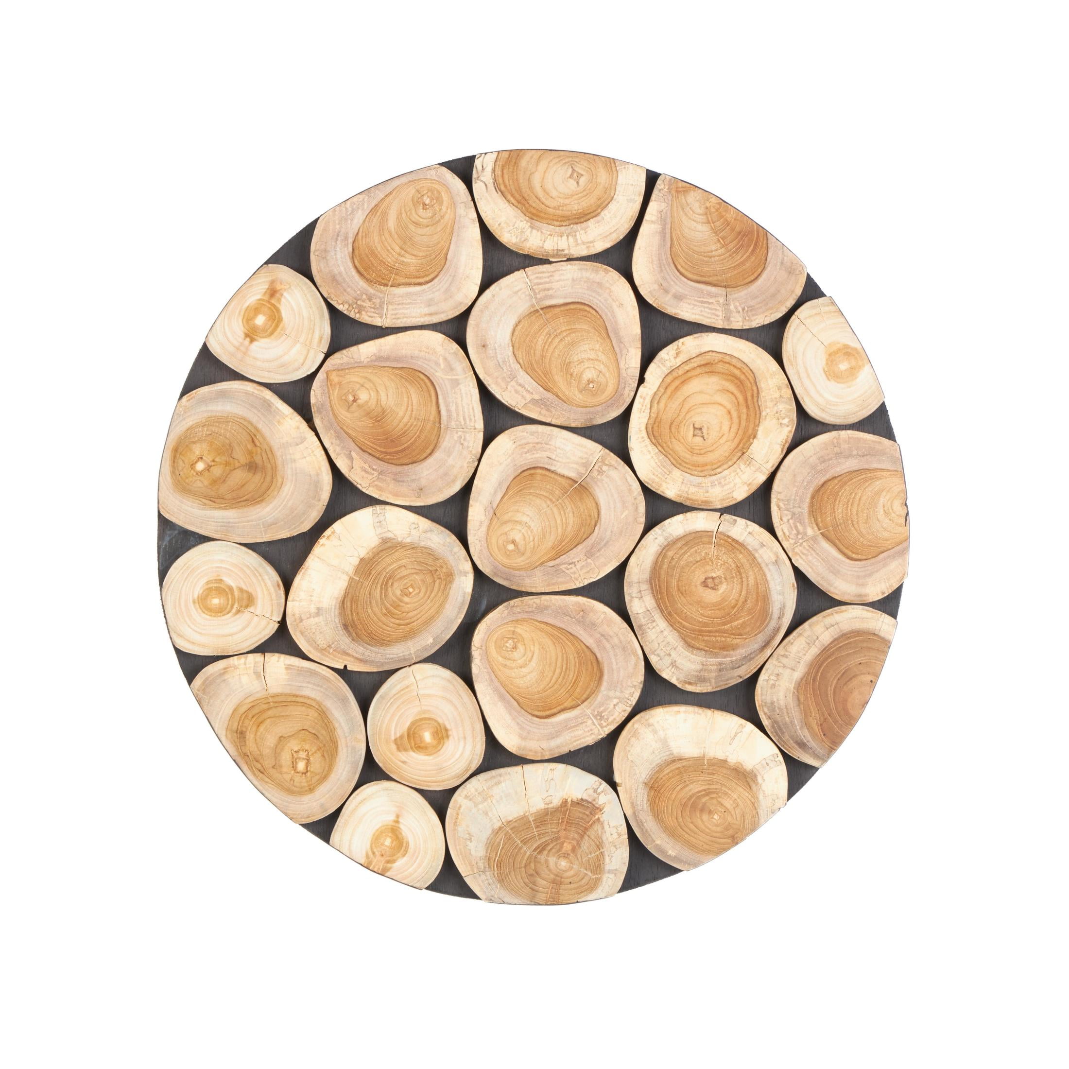 DecMode Brown Teak Wood Handmade Round Mosaic Inspired Wood Slab Abstract Wall Decor with Black Backing