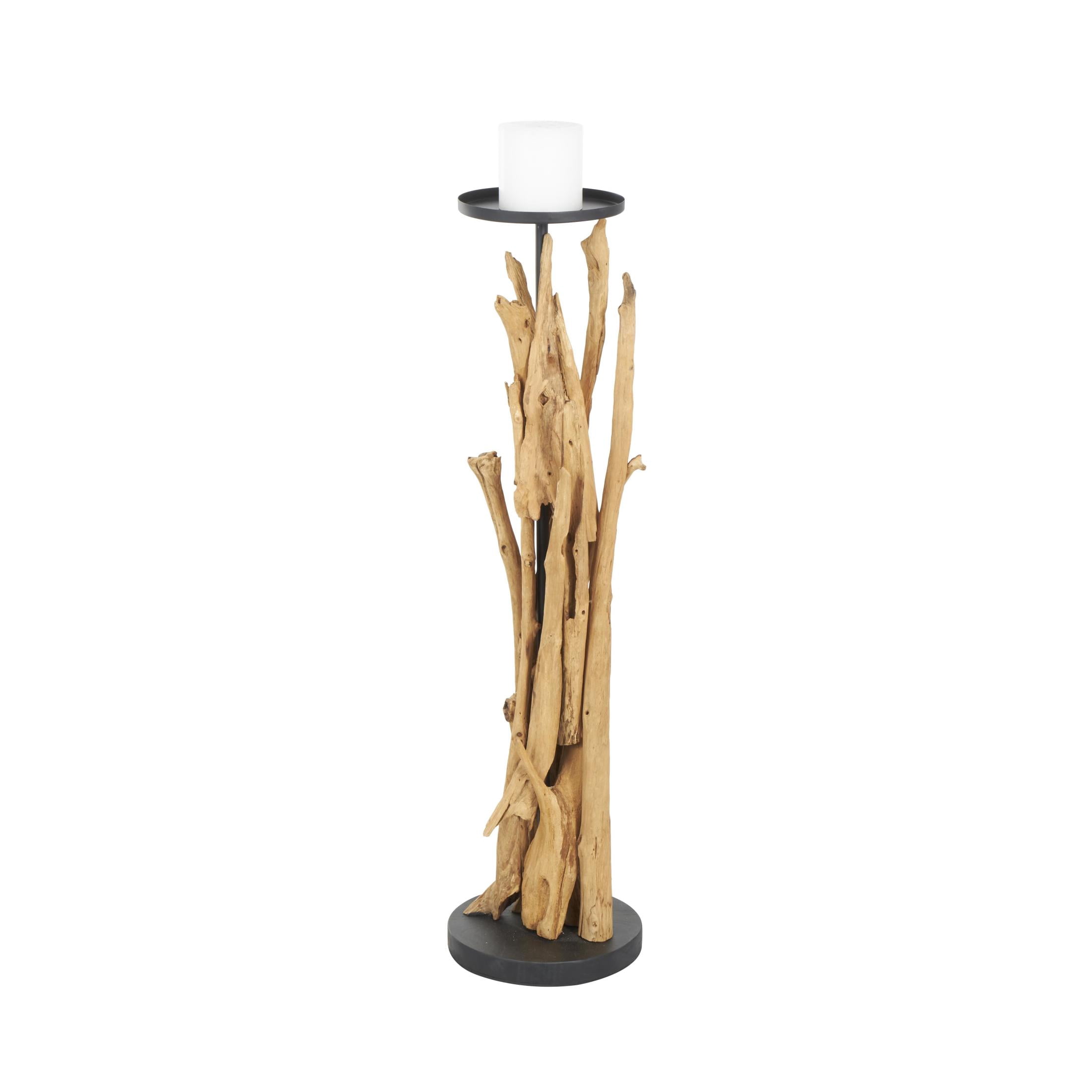 DecMode Brown Teak Wood Handmade Tall Tree Branch Floor Candle Holder with Black Metal Accents
