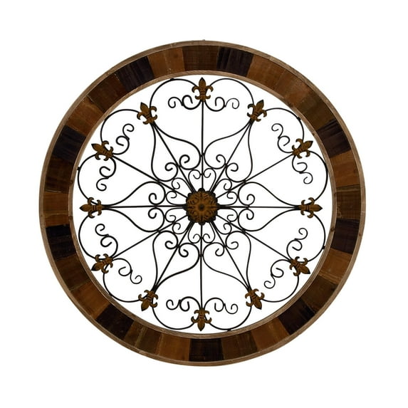 DecMode Brown Wood Scroll Medallion Home Wall Decor with Metal Fleur-De-Lis Detail, 35" x 1" x 35"