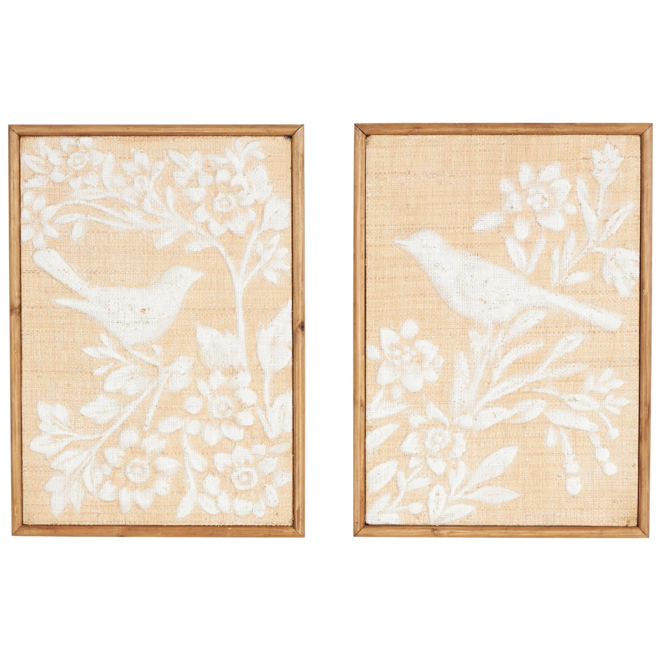 15" x 21" Bird Framed Wall Art with White Painted Floral Patterns, by DecMode (2 Count)