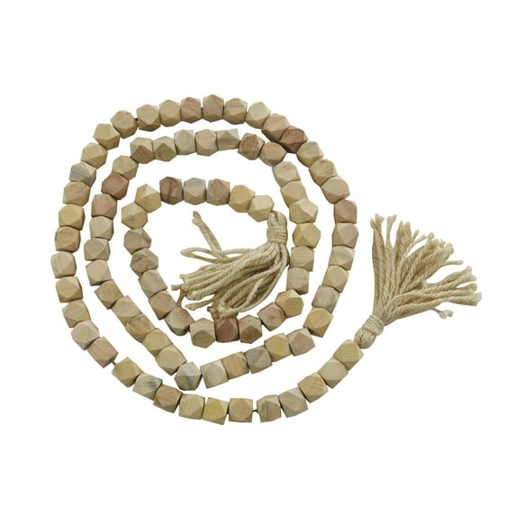 DecMode Brown Wood Bohemian Garland Décor with Geometric Bead Details and Cream Cotton Tassel, 81"L