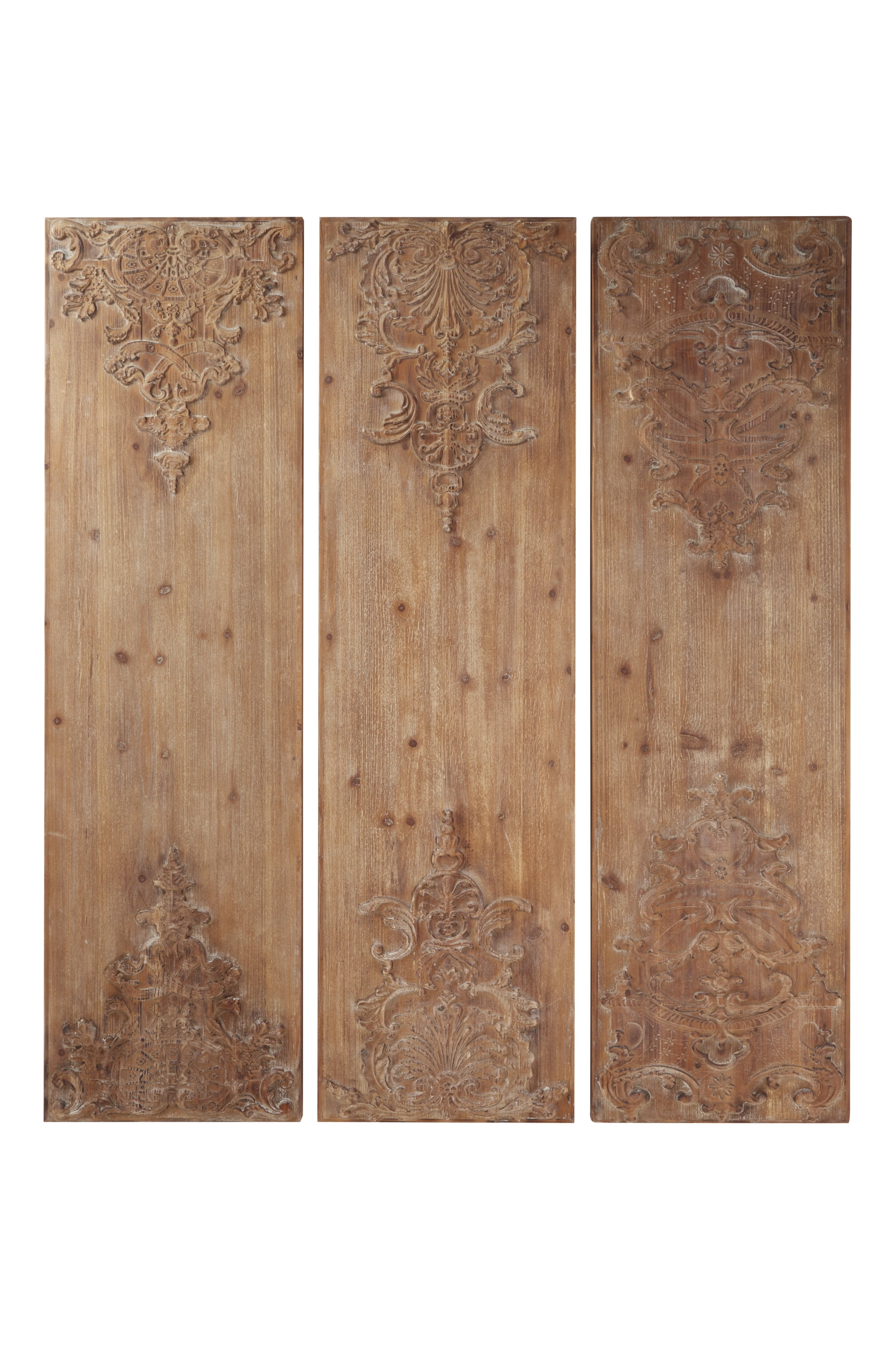 Brown Wood Carved Floral Antefix Wall Decor Set of 3