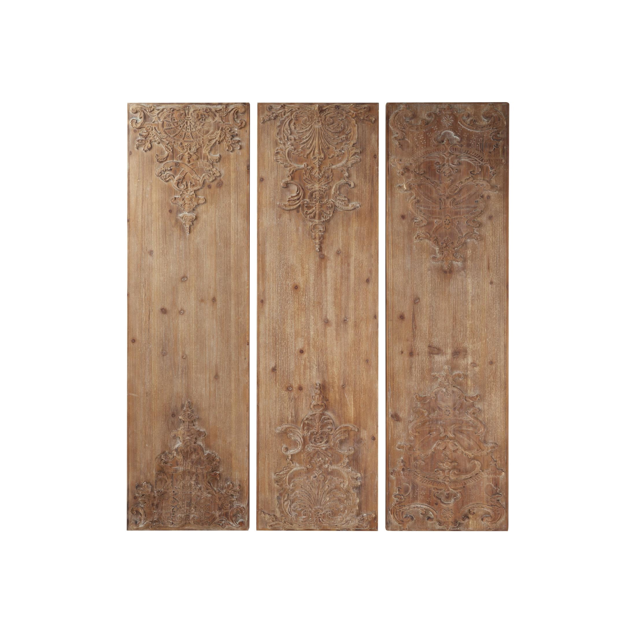 DecMode Brown Wood Carved Antefix Floral Wall Decor (3 Count)