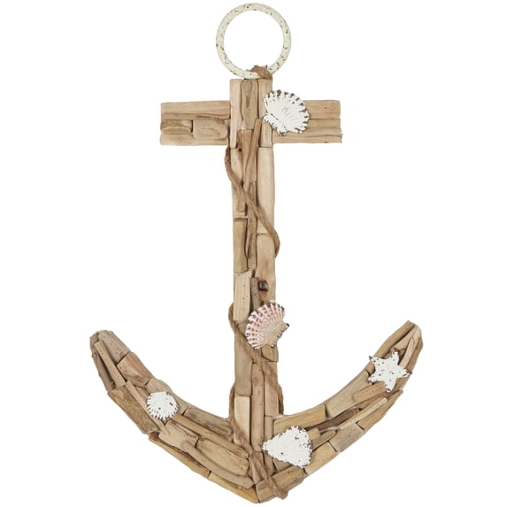 DecMode Brown Wood Handmade Driftwood Inspired Anchor Wall Decor with Shell and Rope Accents