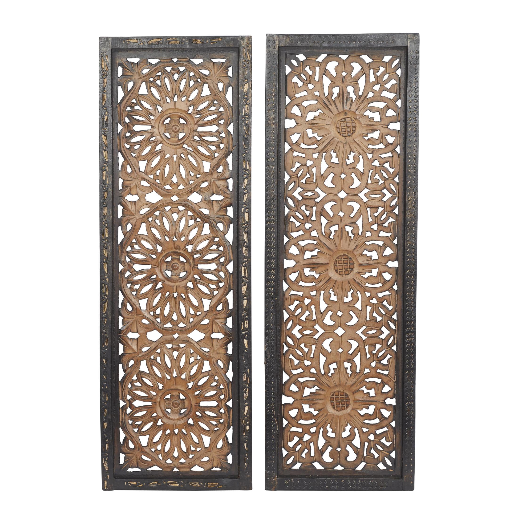 DecMode Brown Wood Handmade Intricately Carved Floral Wall Decor (2 Count)