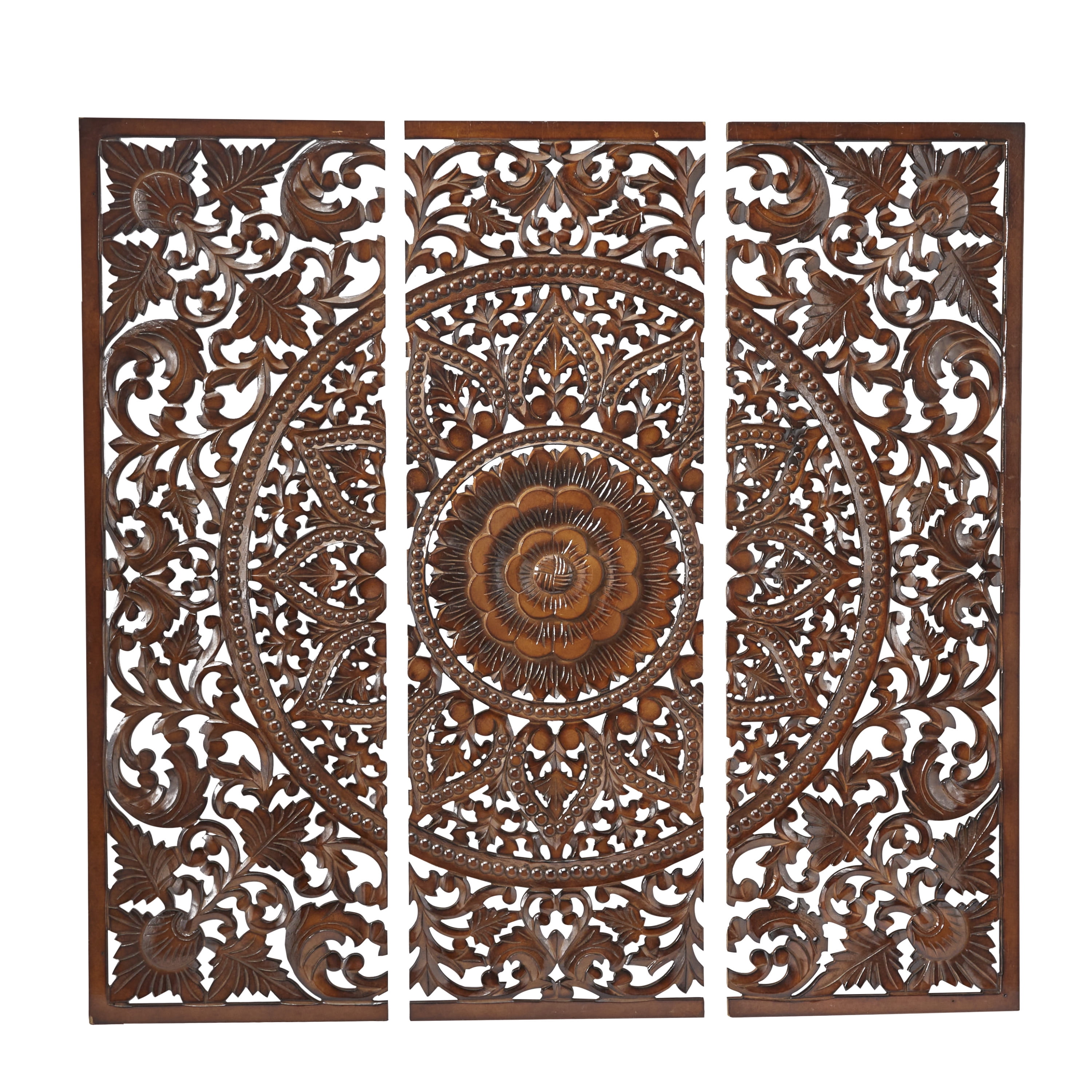 DecMode Brown Wood Handmade Intricately Carved Floral Wall Decor with ...