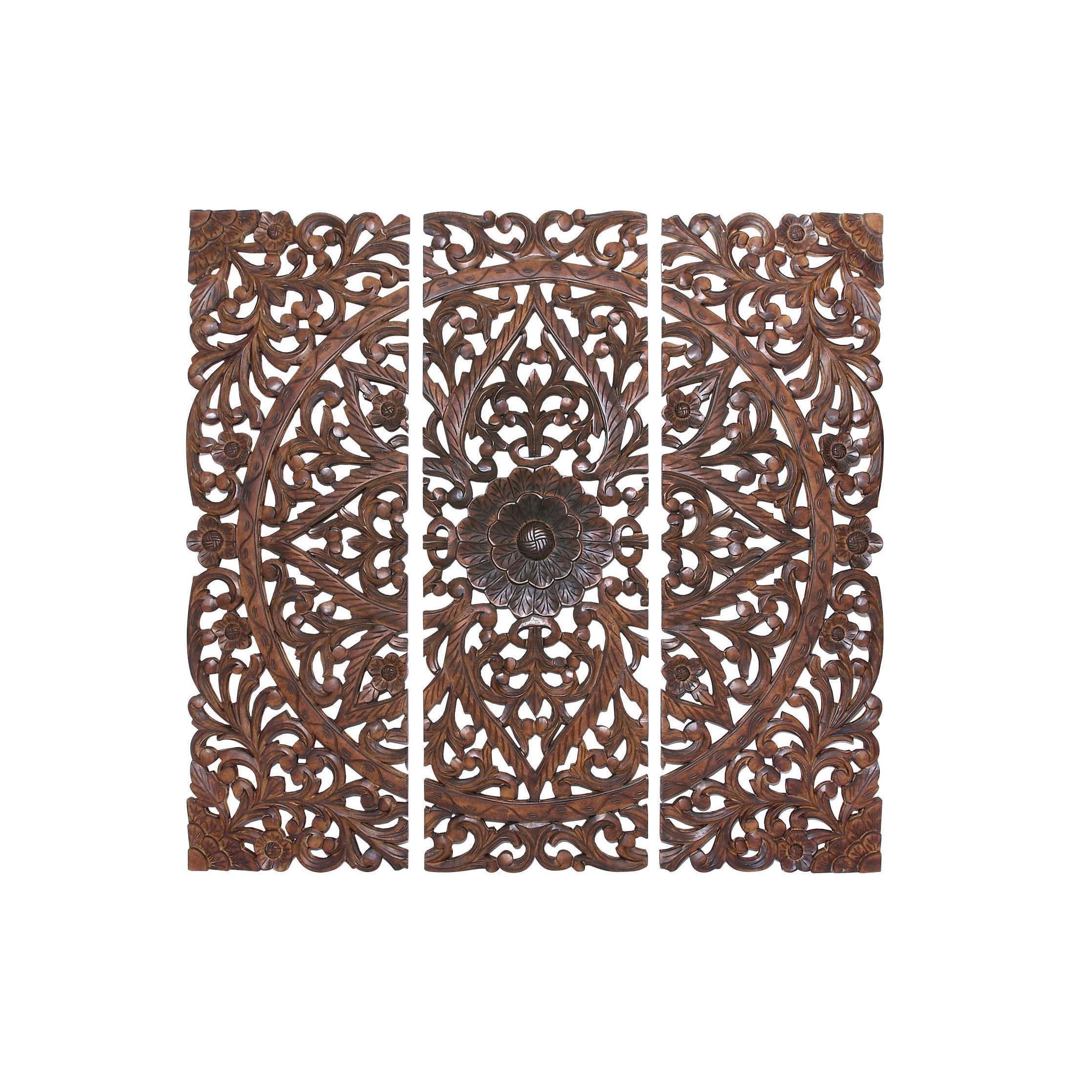 DecMode Brown Wood Handmade Intricately Carved Floral Wall Decor with ...