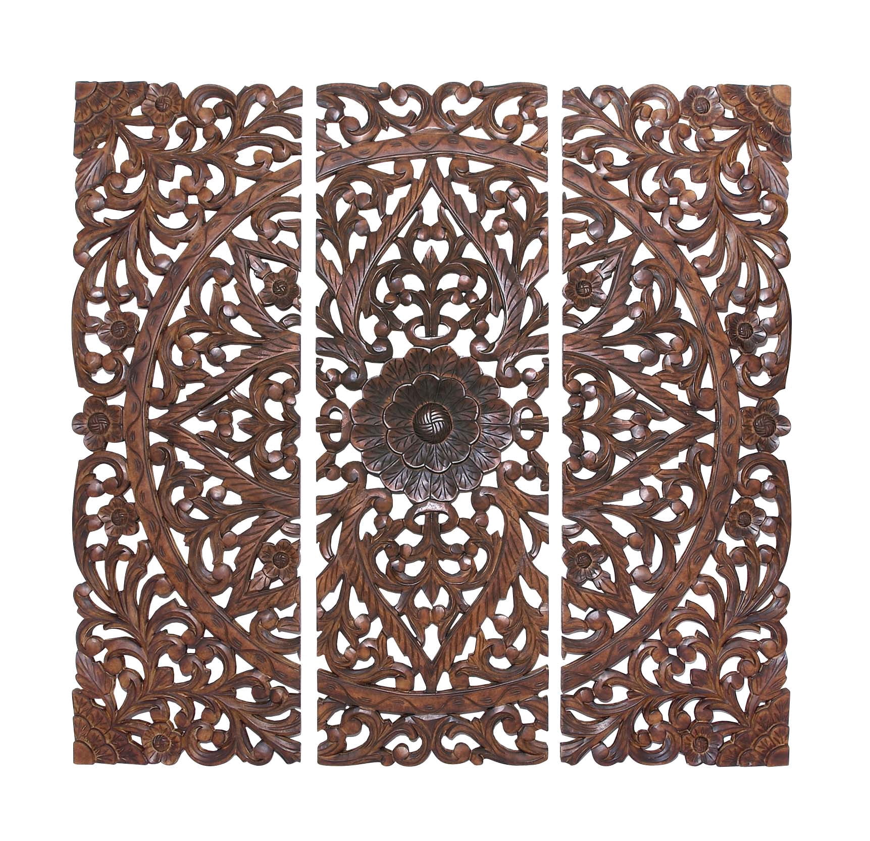 DecMode Brown Wood Handmade Intricately Carved Floral Wall Decor with ...