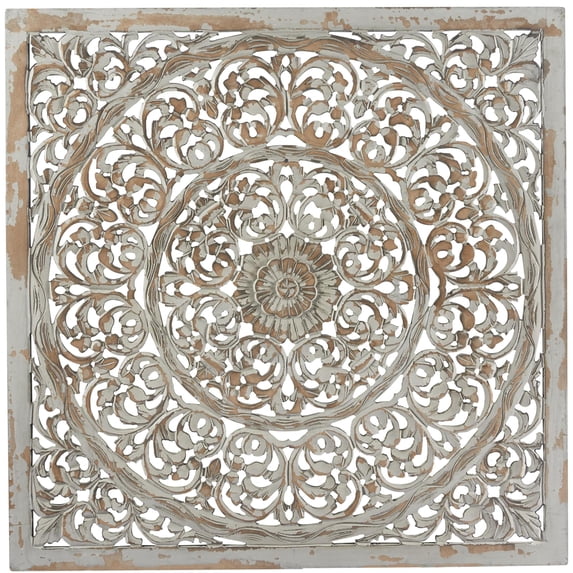 DecMode Gray Wooden Floral Handmade Carved Scroll Mandala Home Wall Decor with Brown Distressing, 36" x 1" x 36"