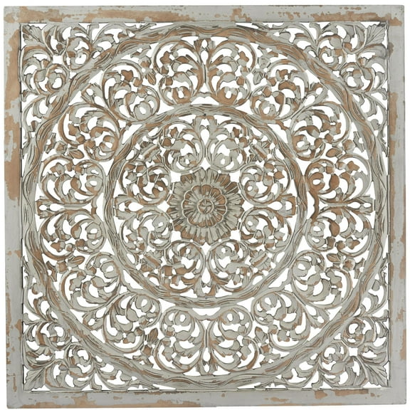DecMode Gray Wooden Floral Handmade Carved Scroll Mandala Home Wall Decor with Brown Distressing, 36" x 1" x 36"
