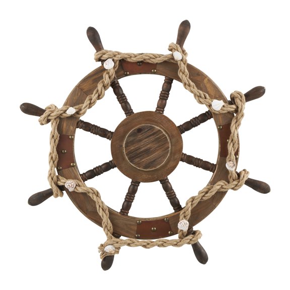 DecMode Brown Wood Handmade Ship Wheel Wall Decor with Rope and Shell Accents