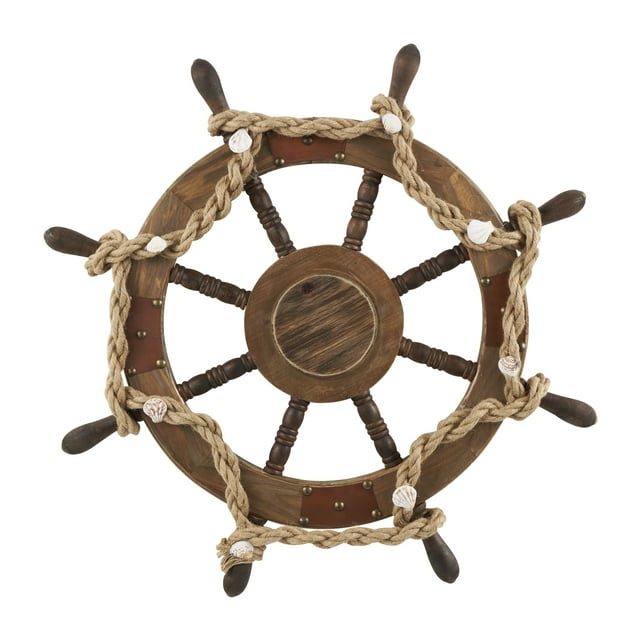 DecMode Brown Wood Handmade Ship Wheel Wall Decor with Rope and Shell Accents
