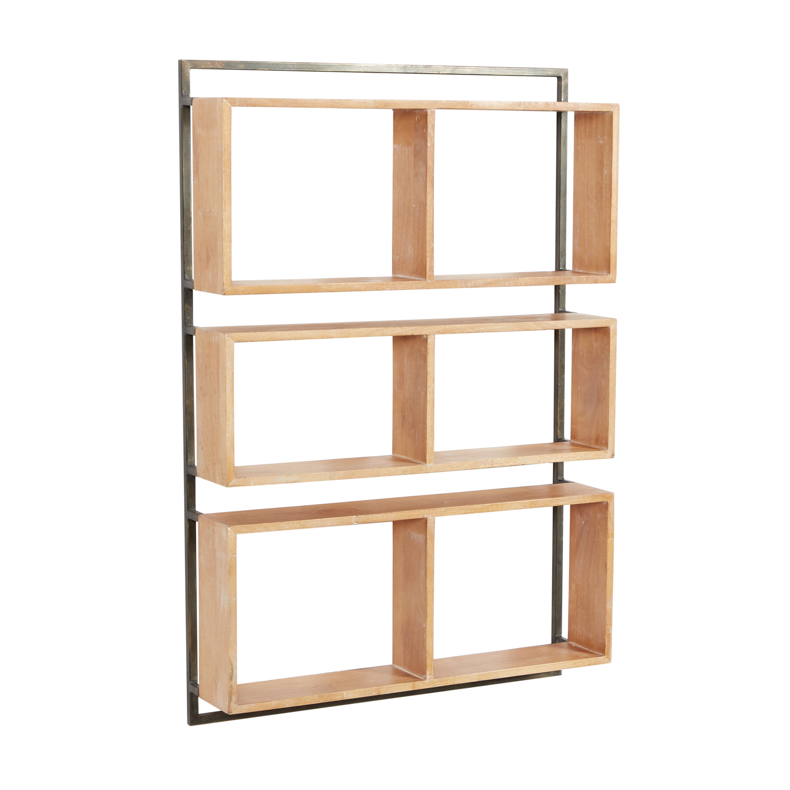 Industrial Brown Wood and Black Metal Rectangular Wall Shelf