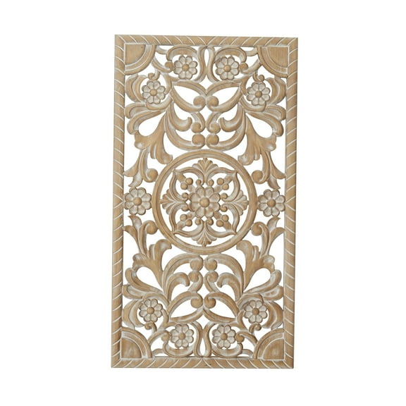 DecMode Brown Wood Handmade Intricately Carved Floral Wall Decor