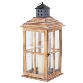 DecMode Brown Wood Light House Decorative Candle Lantern with Black Ring Handle