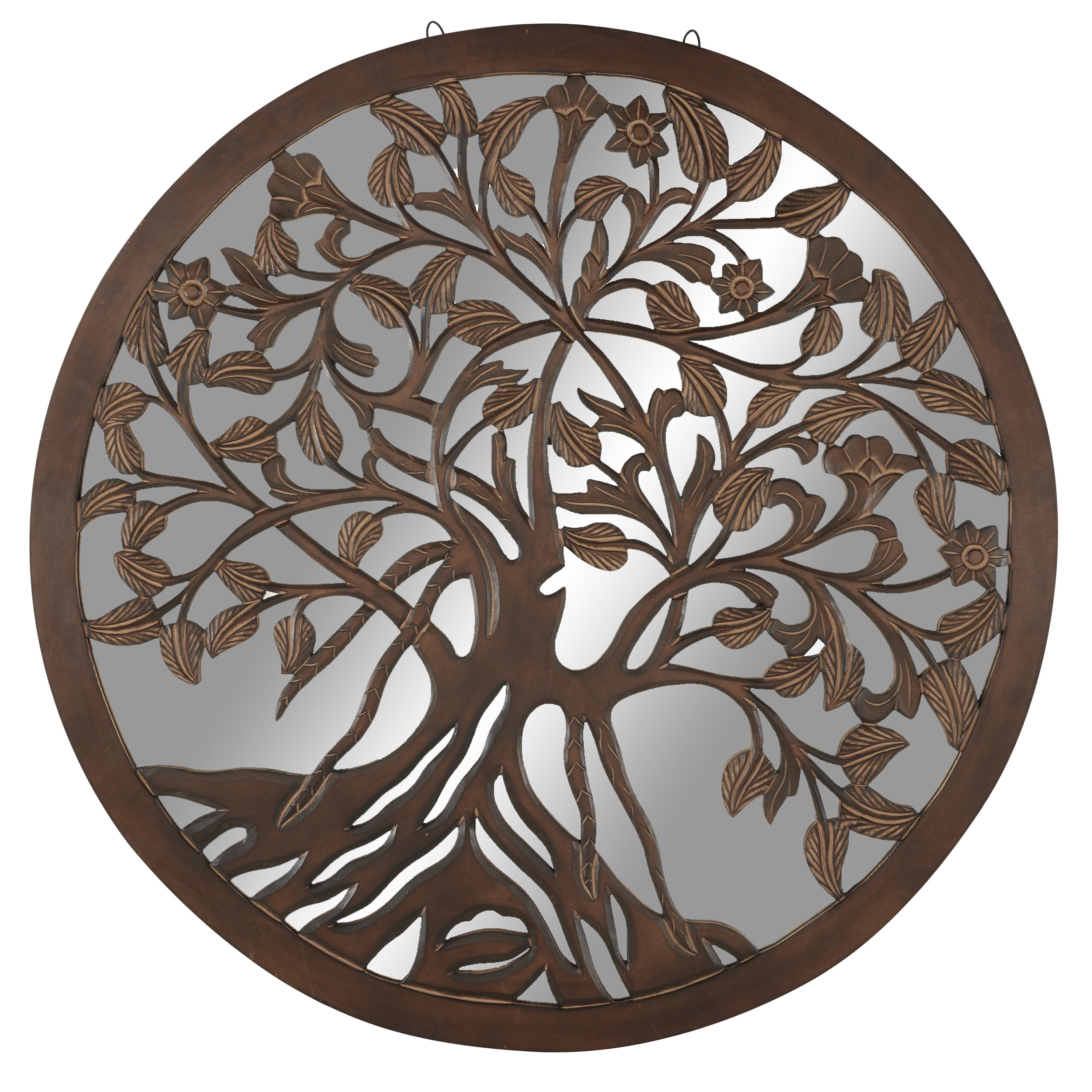 Round Brown Wood Tree Mirrored Wall Decor, 48"