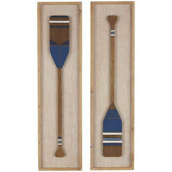 DecMode Brown Wood Paddle Wall Decor with Blue Accents and Chevron Patterned Background (2 Count)