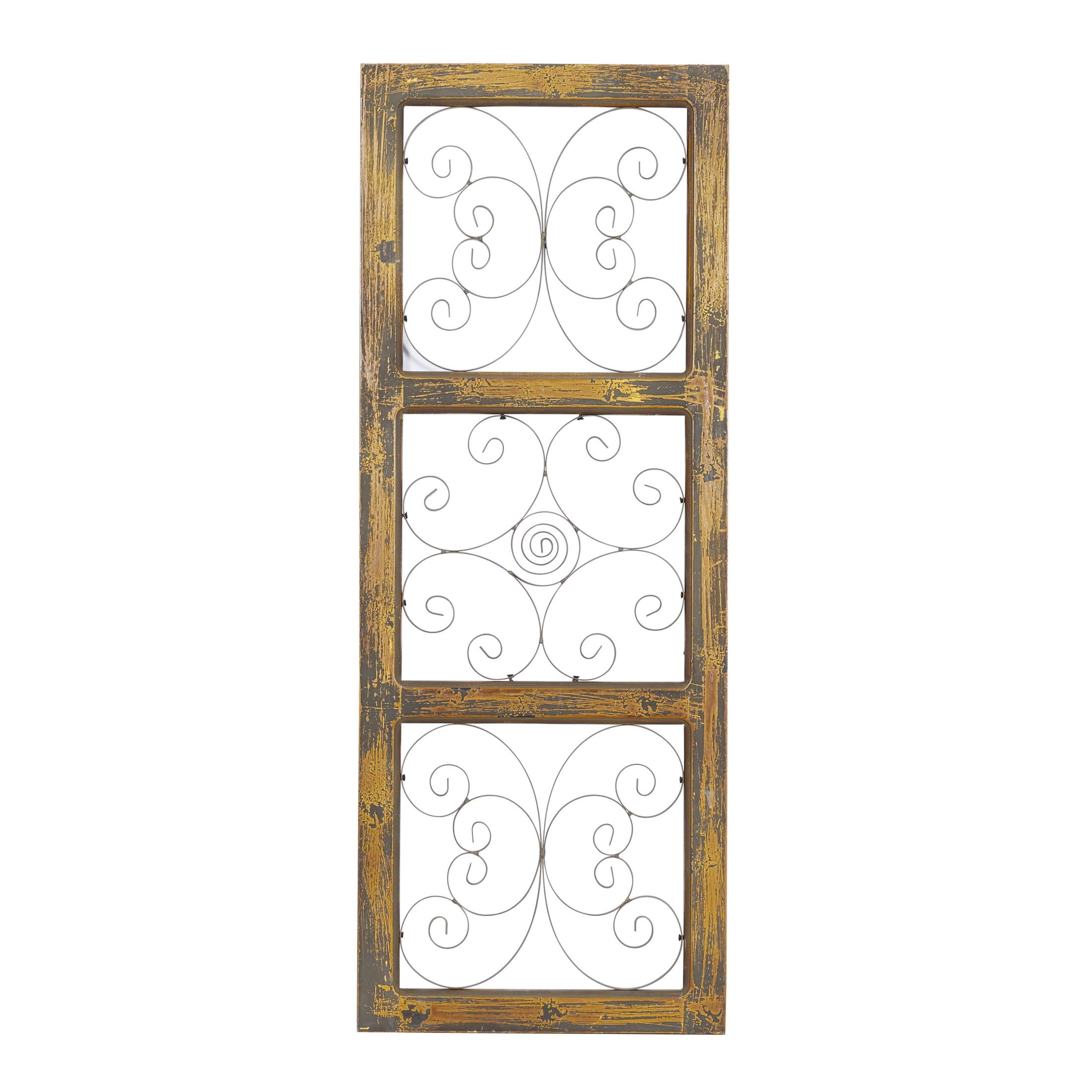 DecMode Brown Wood Distressed Panel Scroll Wall Decor with Bronze Metal Scrollwork