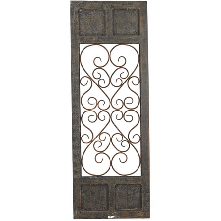 DecMode Brown Wood Window Inspired Panel Scroll Wall Decor with Copper Metal Scrollwork