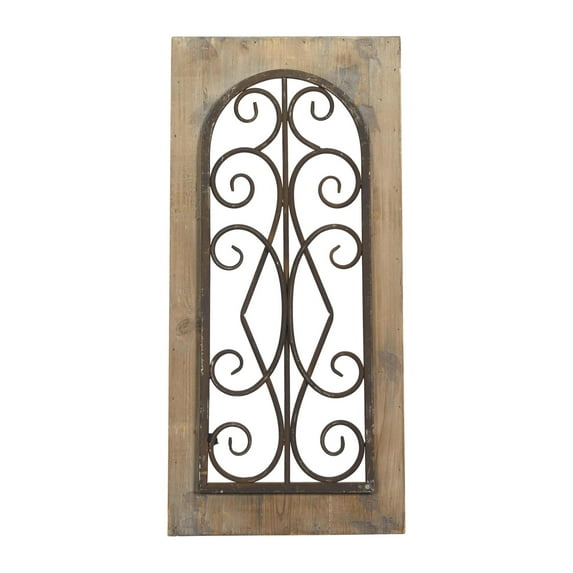 DecMode Brown Wood Window Inspired Scroll Wall Decor with Metal Scrollwork Relief