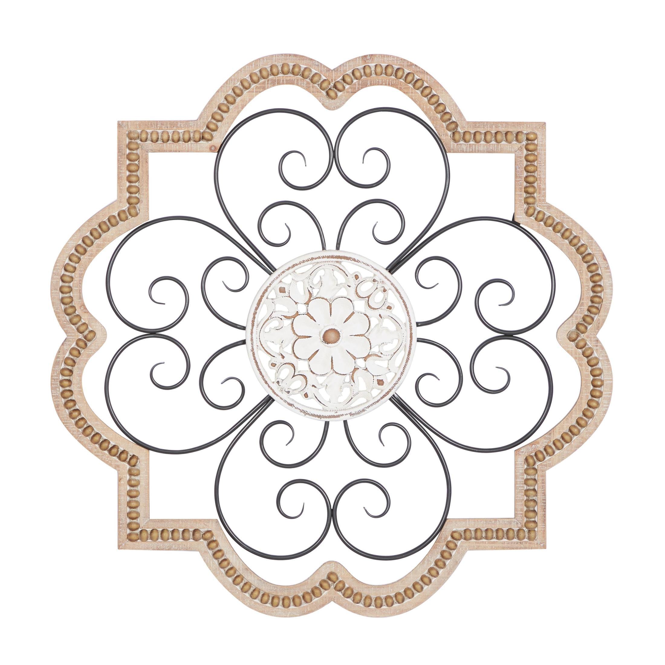 DecMode Brown Wooden Carved Beading Scroll Wall Decor with Metal Accents