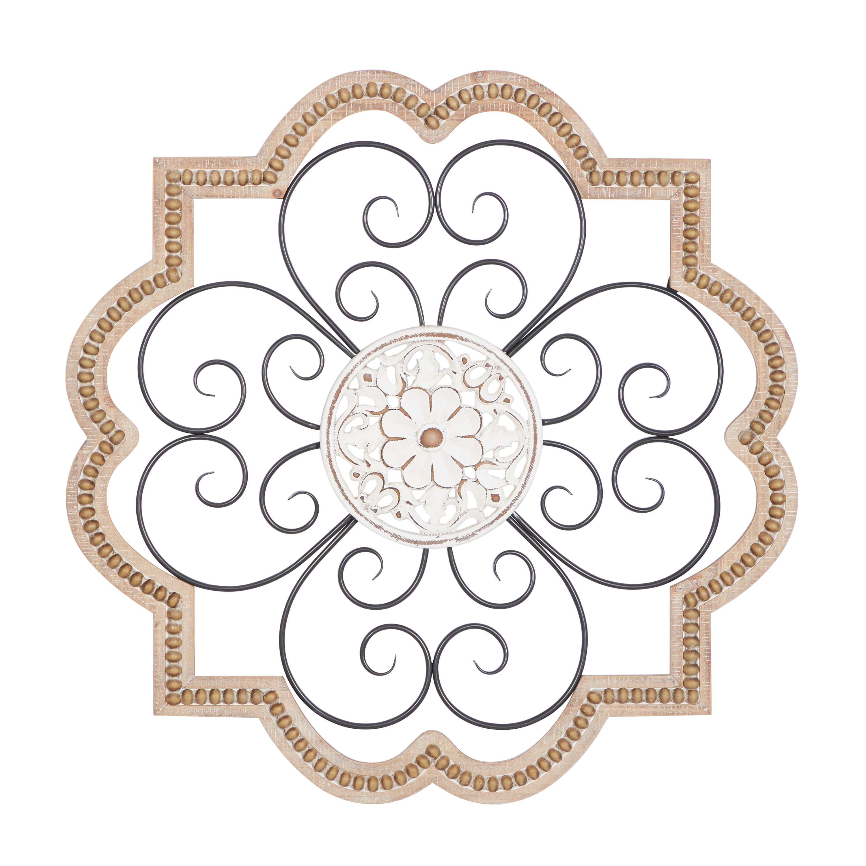 Brown and White Wooden Floral Scroll Wall Sculpture with Metal Accents