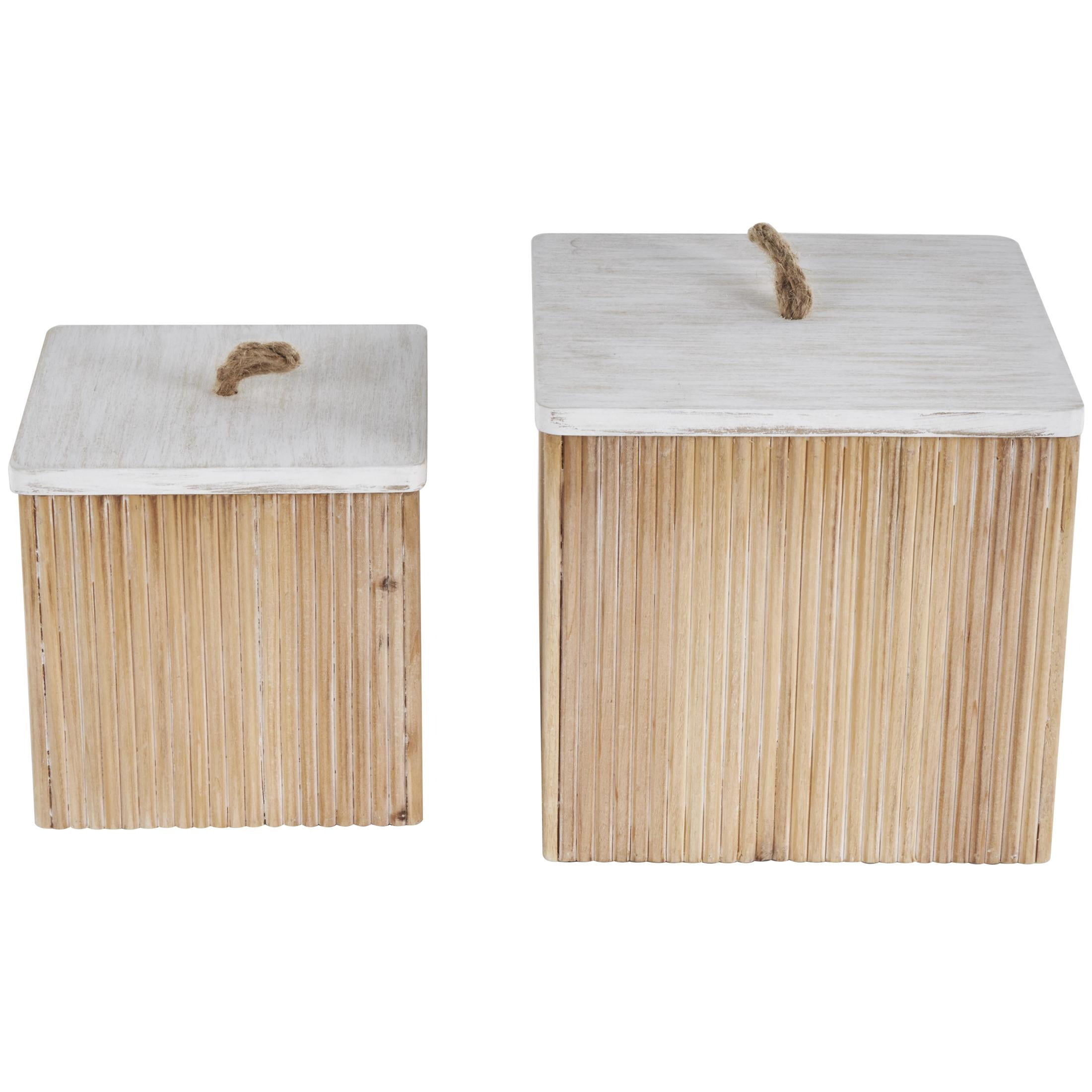 DecMode Washed Ribbed Storage Brown Wooden Decorative Box with White Lids and Rope Handles, 2 Count